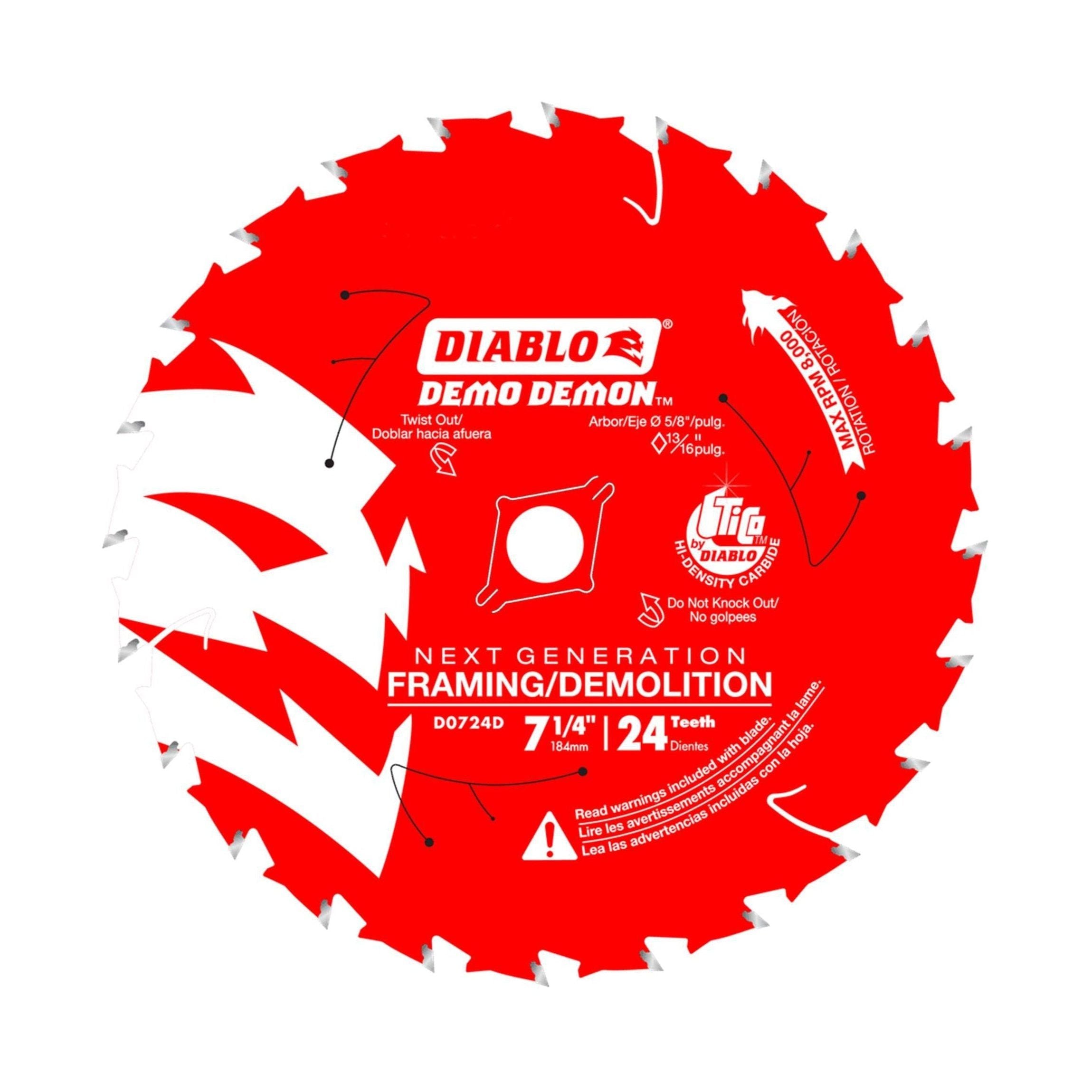 The Diablo DIABLO D0724DA 7-1/4 Demo Demon™ saw blade, designed for framing and demolition, boasts 24 teeth and features Dura-Blend™ carbide. Its performance is enhanced by Nano Grind™ Technology, with stylish black and white graphics for a superior cutting experience.